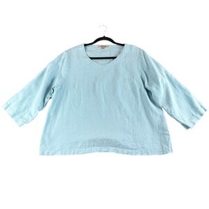 FLAX Linen 3/4 Sleeve V Neck Top Size Medium Tunic Light Blue